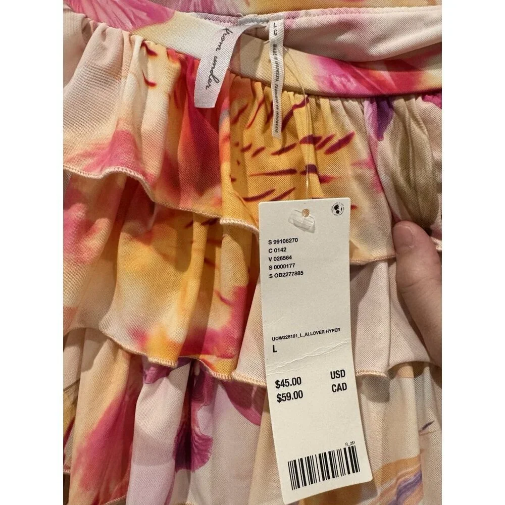 Out From Under Skirt Womens L Pink Floral Ruffle Tiered Mini Urban Outfitters